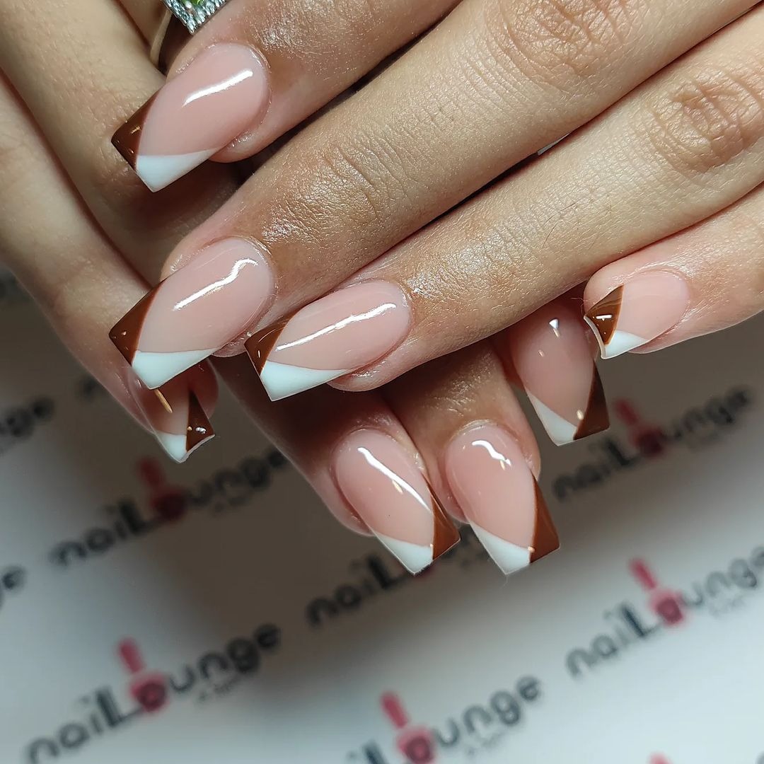 Acrylic Extensions with white and brown French finish at Nail Lounge & Spa Brighton