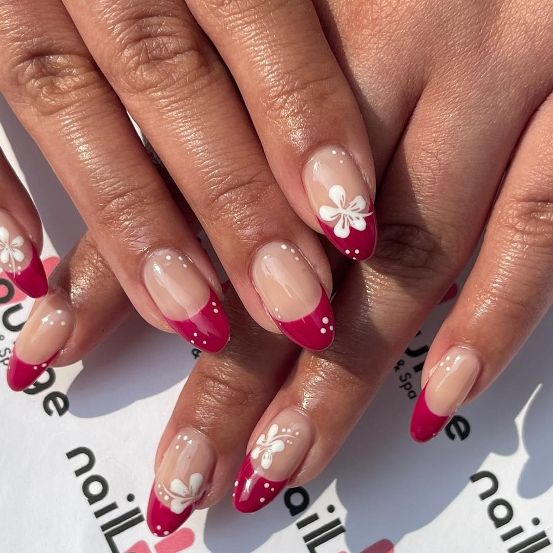 BIAB gel manicure with pink French finish and Flower nail art at Nail Lounge & Spa Brighton
