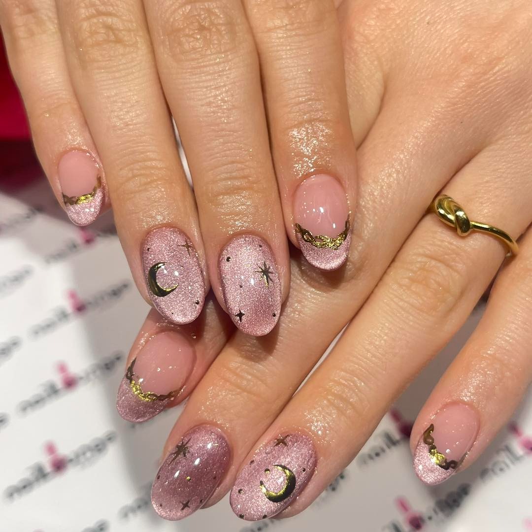 BIAB overlay with cateye nail art and golden moon and star details at Nail Lounge & Spa Brighton